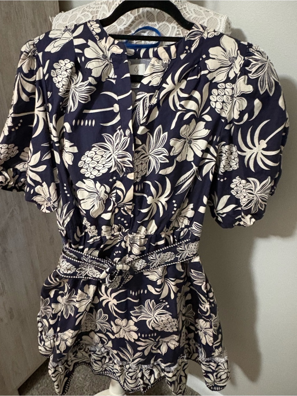 Joie Navy and Cream Floral Puff-Sleeve Dress